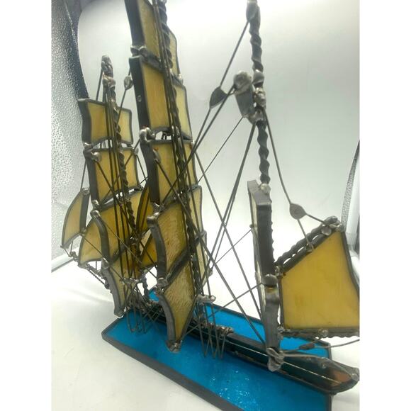 Stained Glass Staysail Sailing Ship The base has the ship sailing blue ocean - Picture 9 of 13